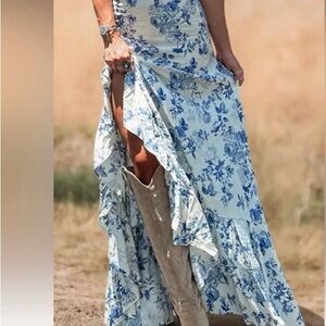 Olivaceous Linen Blend Floral Ruffle Maxi Skirt
